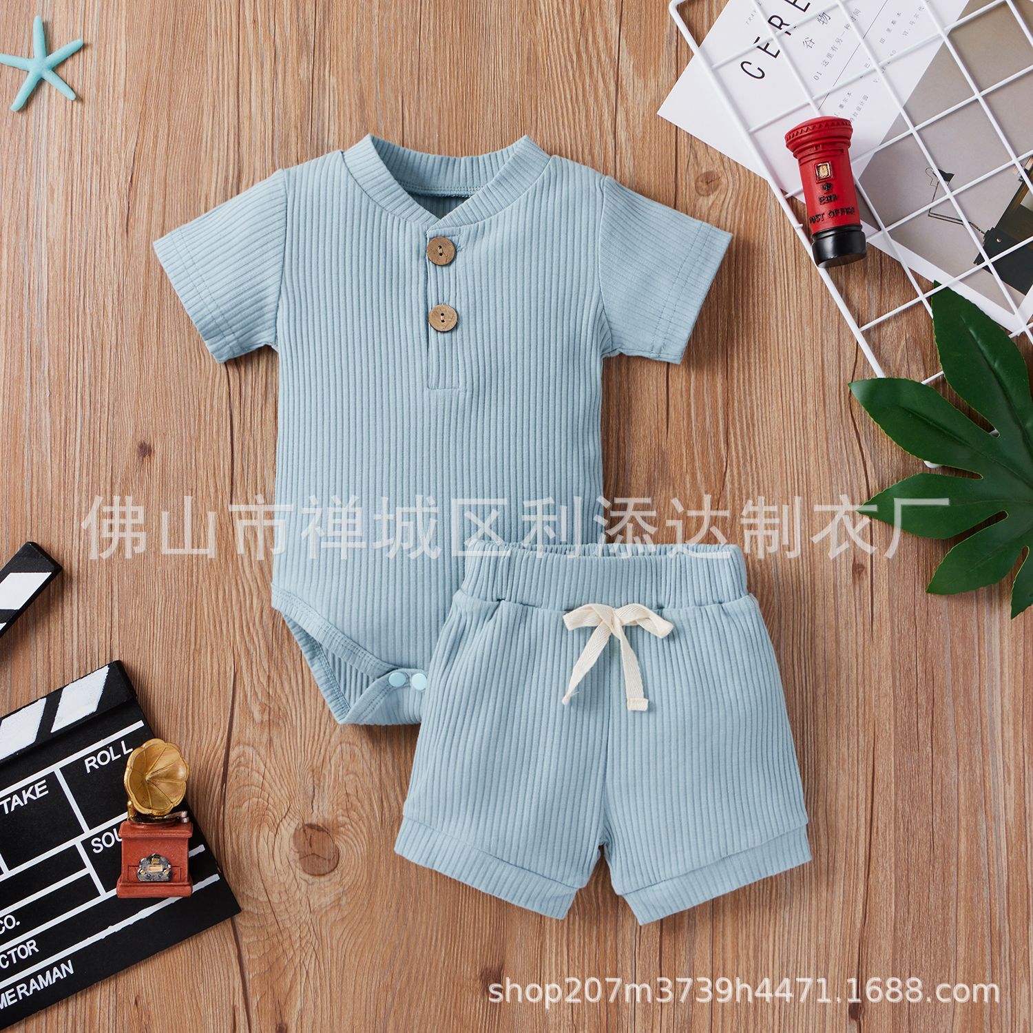 Picture of 2021 Amazon spring explosions toddler [short sleeve twist button stripes solid color pullover two-piece]]