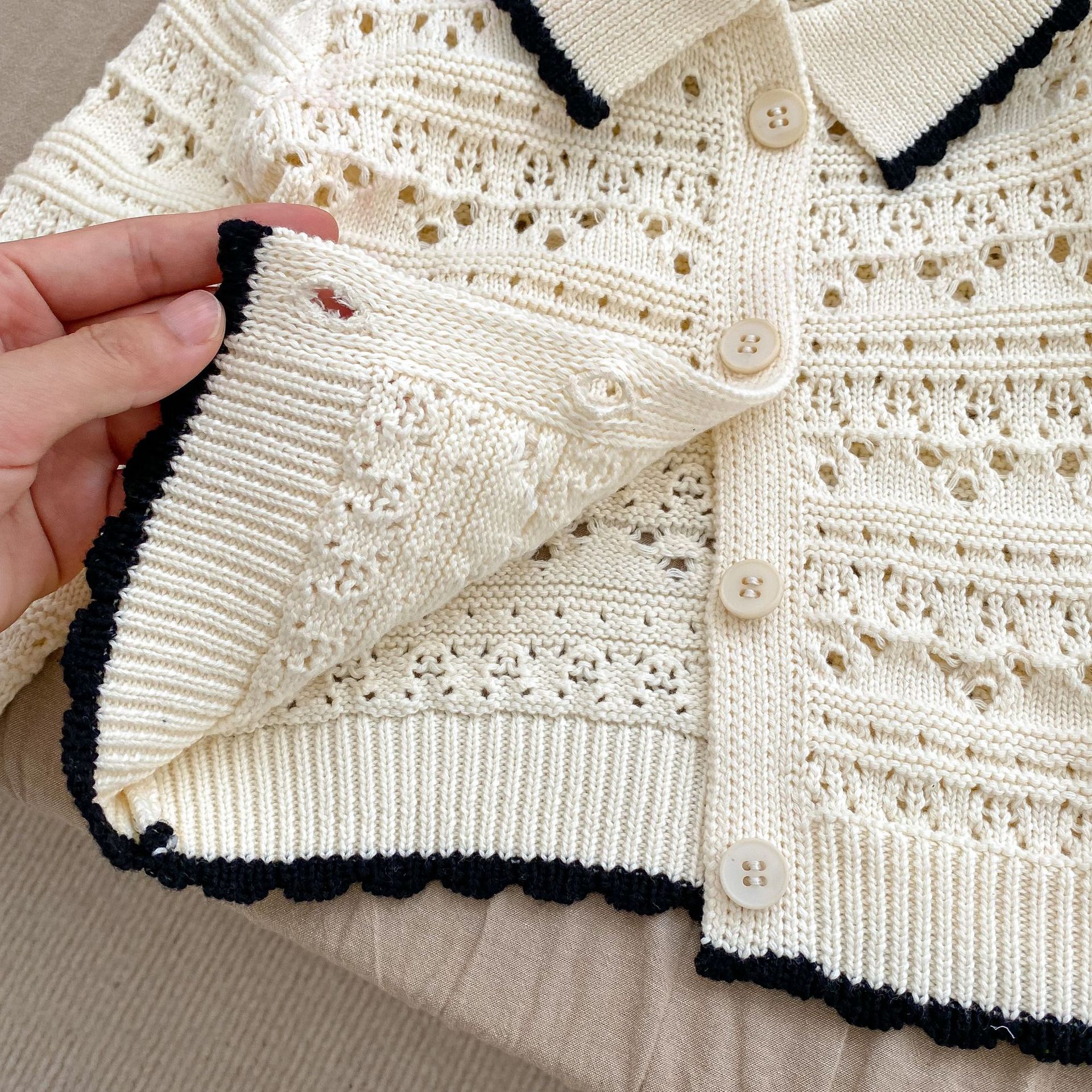 Picture of 2024 Spring Girls Baby Style Long Sleeve Cardigan Infant and Toddler Small Fragrance Lapel Knitted Hollow Sweater Jacket