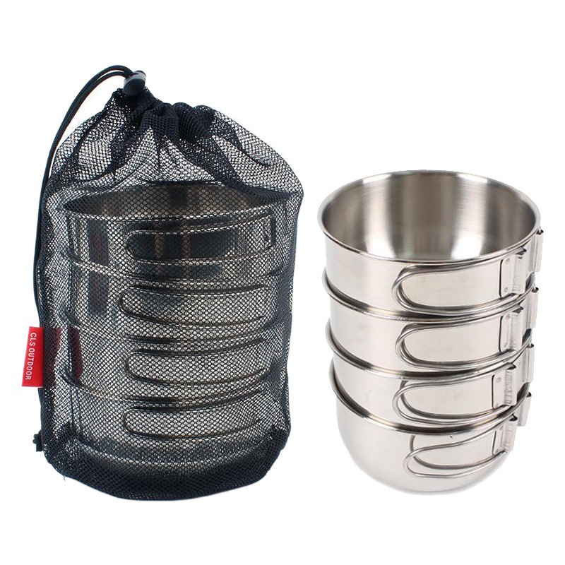 Outdoor Foldableing Bowl Set 304 Stainless Steel Mountaineering Camping 650ml Large 4-Piece Set Cup Foldableing Bowl Combination Tableware