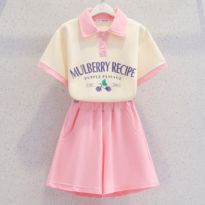 Picture of 230g Pique Double Yarn Girls Summer Short-Sleeved Suit 2025 New Casual Medium and Large Children Dopamine Two-Piece Set