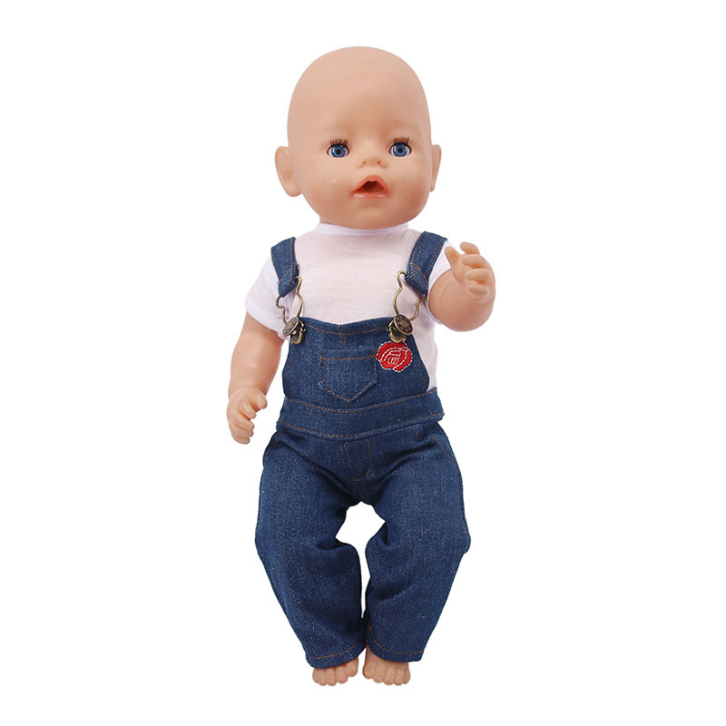 Picture of New 18 inch American doll accessories denim suspenders 43cm summer doll clothes set factory straight hair