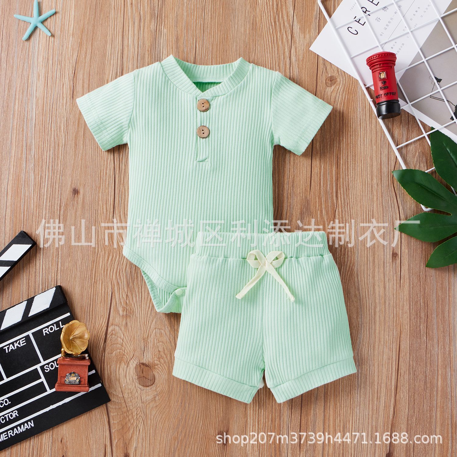 Picture of 2021 Amazon spring explosions toddler [short sleeve twist button stripes solid color pullover two-piece]]