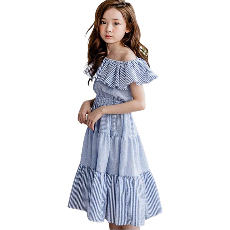 2023 Girl's Dress Summer Korean Style Children's Wear Pure Cotton Striped Beach Dress Large Children's Skipped Shoulder Large Swing Dress Parent-child