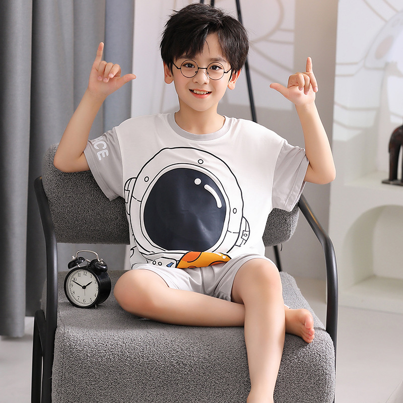 Summer New Children's Pajamas Modal Boys Cute Cartoon Round Neck Short Sleeve Shorts Small and Medium Kids Home Clothes