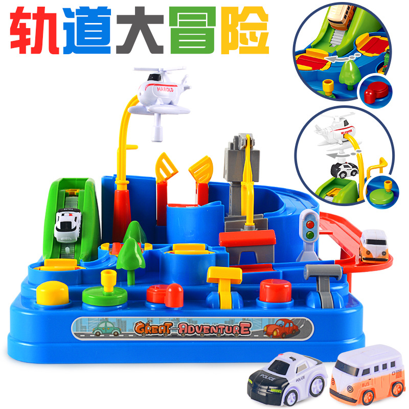 Shake the sound of the same children's car to break through the big adventure toy boy puzzle DIY assembled rail car game suit