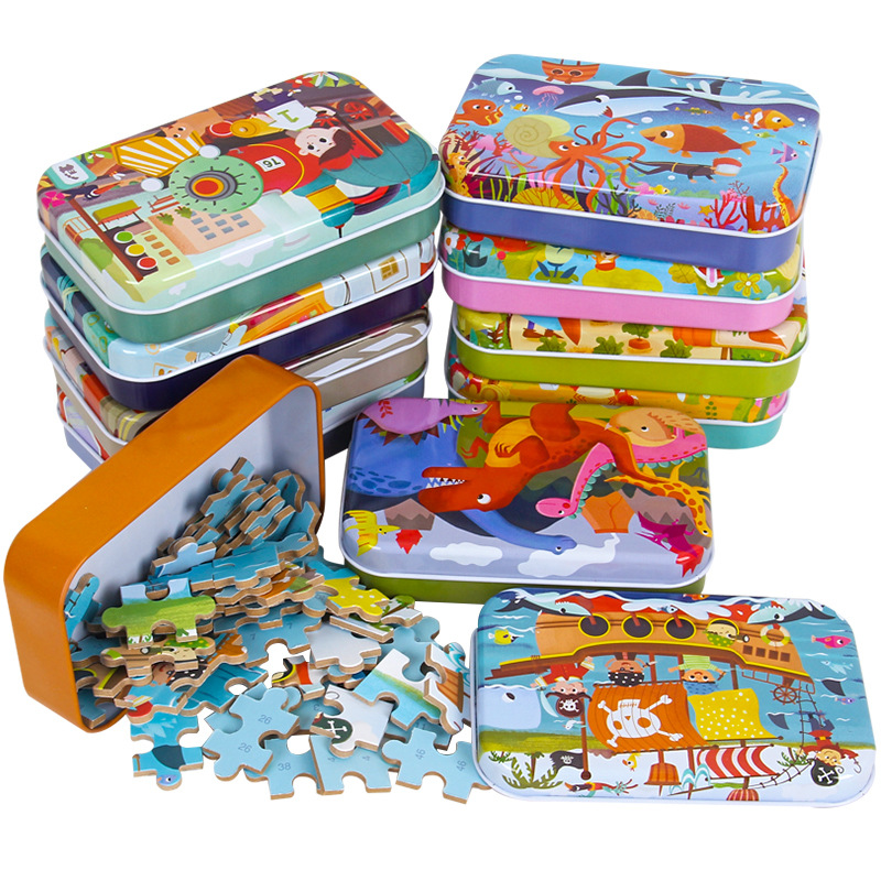 Picture of 60 pieces iron box puzzle children's educational kindergarten early education cartoon wooden puzzle toy generation