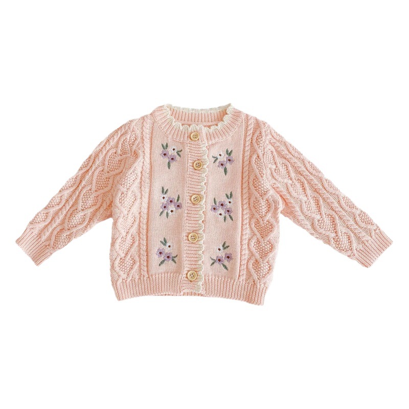 ins 21 Autumn Dress Boys and Girls Baby Baby Children's Small Flower Embroidered Jacket Top All-match Cotton Yarn Knitted Cardigan