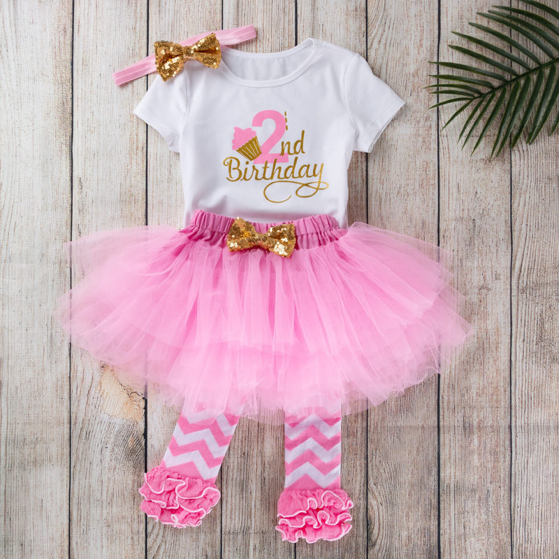 Picture of Cross-border Amazon European and American baby girls' birthday clothes 4-piece letter short-sleeved T-shirt princess dress socks suit