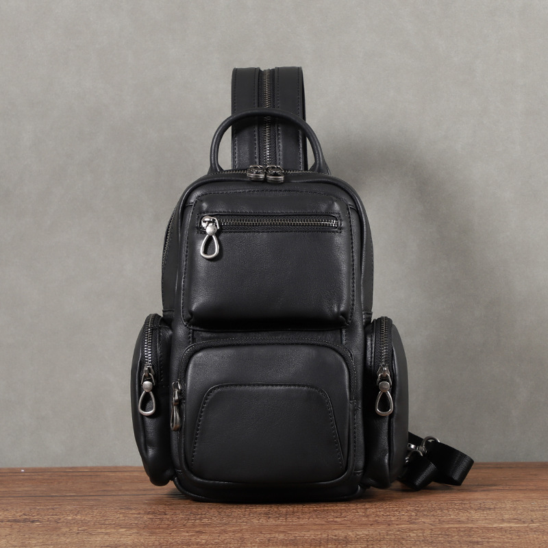First Layer Cowhide Men's Chest Bag 2023 New Fashion Shoulder Bag Casual Men's Small Backpack Backpack Men's Crossbody Bag
