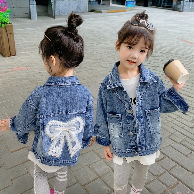 Foreign Trade Girl's Denim Coat Autumn Western Style Fashionable Back Bow Distinctive Long Sleeve Baby Girl's Autumn Top