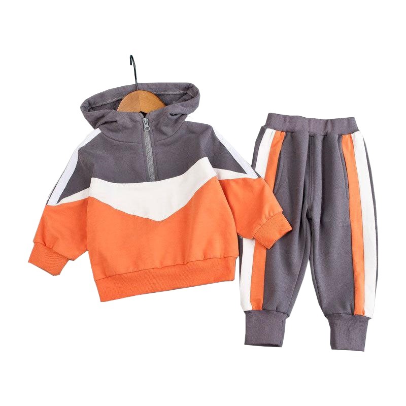 New Spring and Autumn Children's suit children's hooded long-sleeved sweater stitching zipper pullover ankle-tied trousers two pieces