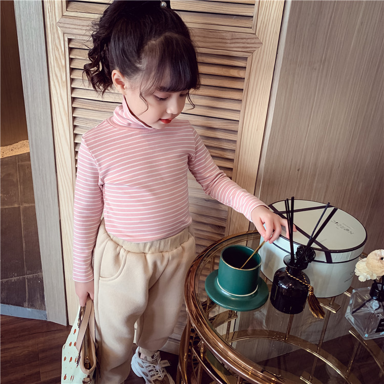 Picture of Children's Winter Girls' Base Shirt Autumn Outfit for Older Children, German Velvet Striped High-Neck Fleece Top, Children's Warm Top