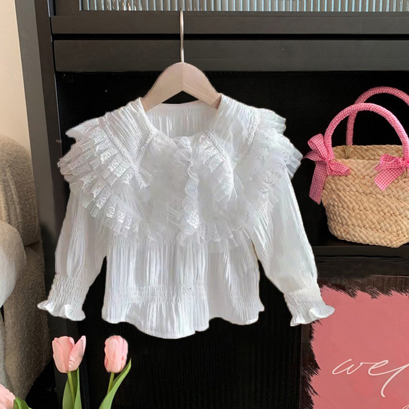 Picture of Girls' Shirt Children's Spring and Autumn Clothes Korean Style Western Style White Lace Shirt with Large Lapel for Baby Long Sleeve Top