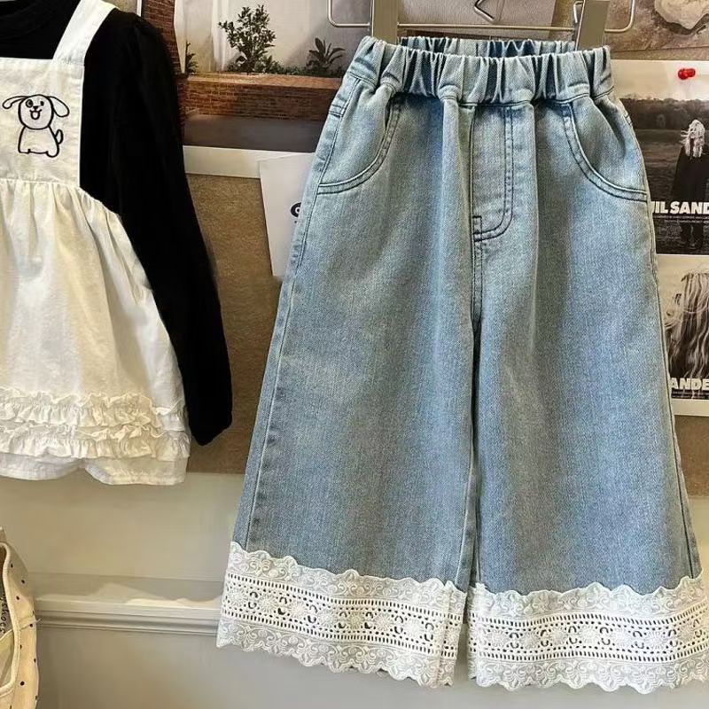 2024 Autumn Baby Female Korean Style All-match Western Style Loose Casual Wide-leg Lace Denim Wide-leg Pants
