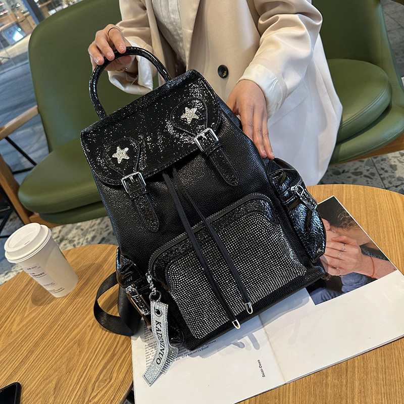 High-End Leather Hot Diamond Backpack for Women 2025 New Fashion Versatile Foreign Style Large Capacity Backpack Summer Travel