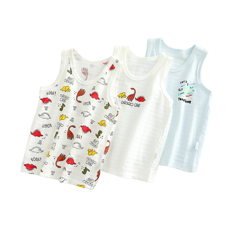 Picture of 3 PCs Summer Slub Cotton Children's Vest Boys and Girls Baby 100 Cotton Cartoon Sleeveless Base Pajamas Lightweight Breathable