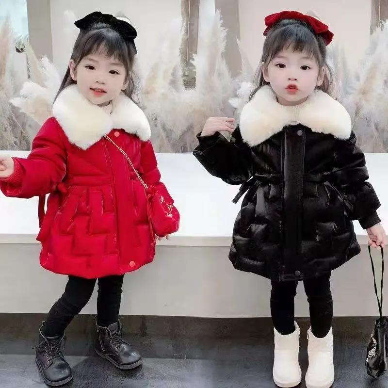 Girls' cotton-padded clothes 2022 new children's cotton-padded jacket long bright silk plus velvet padded Parker clothes cotton-padded clothes national tide