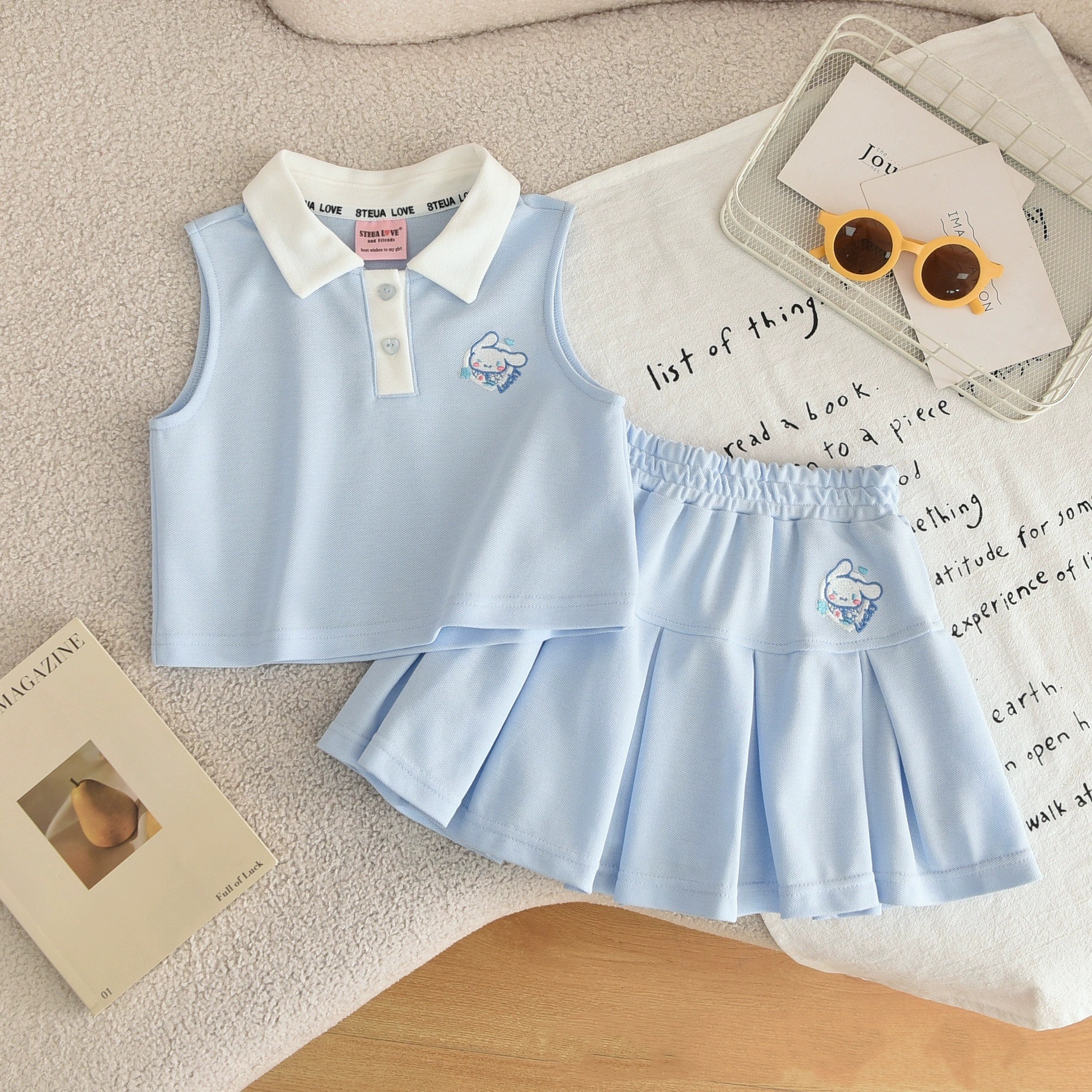 Baby Girl Summer Sleeveless Cinnamon Dog Preppy Style Jk Suit Children's Preppy Style Cute Shirt Pleated Skirt Two-Piece Set