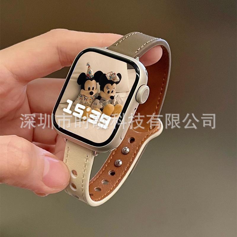 Picture of For Apple Watch Strap Ultra Fine Double Nail Color-matching Real Cowhide Small Barbarian Waist applewatch10 Strap Wholesale