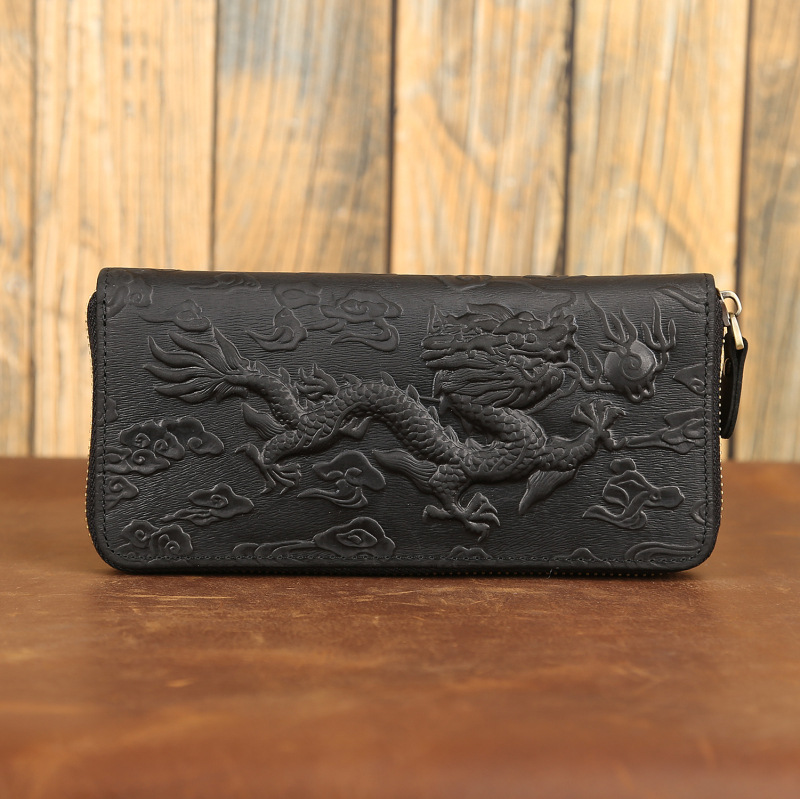 Picture of Shi Cangxin Vintage Crazy Horse Leather Dragon Pattern Wallet Embossed Genuine Leather Clutch Embossed Tiger Pattern Chain Card Bag