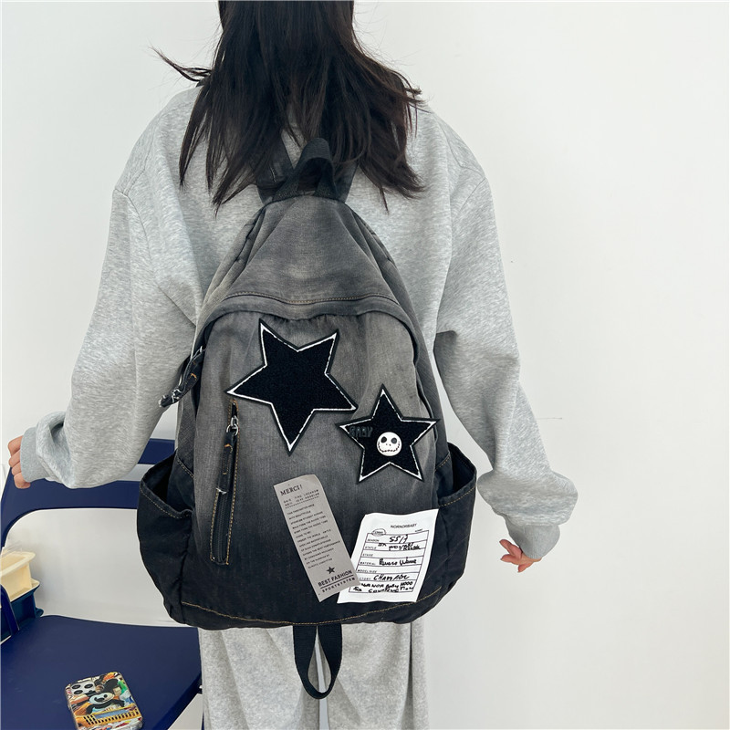 New Original Gradient Denim Star Backpack Junior Senior high school College Students Antique Sense Schoolbag All-match Travel Backpack