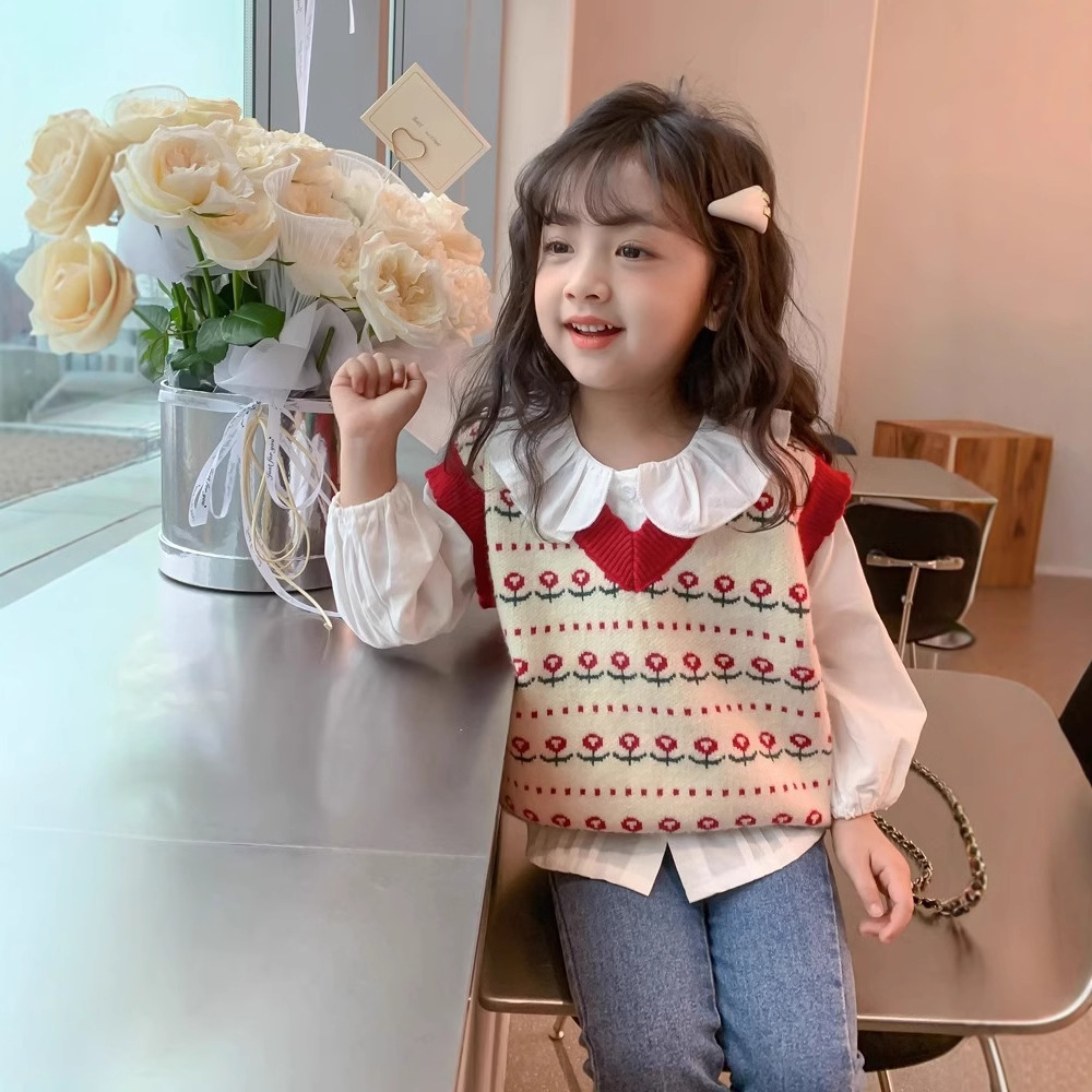 Picture of Korean Style Waistcoat Girls' Knitted Vest Spring and Autumn Outer Wear Sweater V-Neck Children's Waistcoat Children's Flower Waistcoat