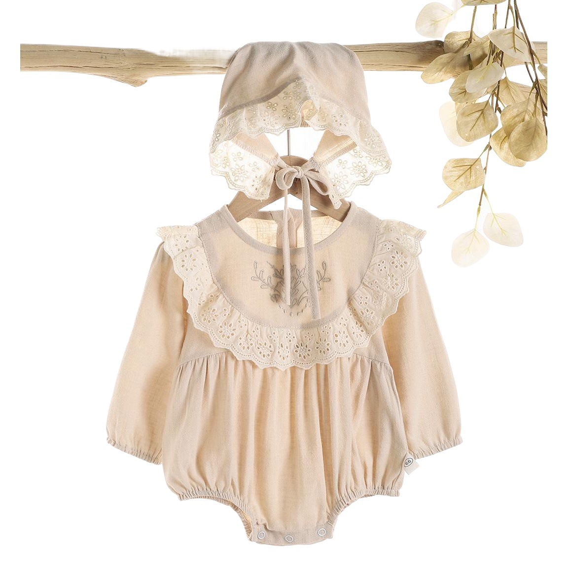 Baby Jumpsuit, Fashionable Princess Linen Romper, Baby Lace Bag, Newborn Long-Sleeved Harem Hat with Hat