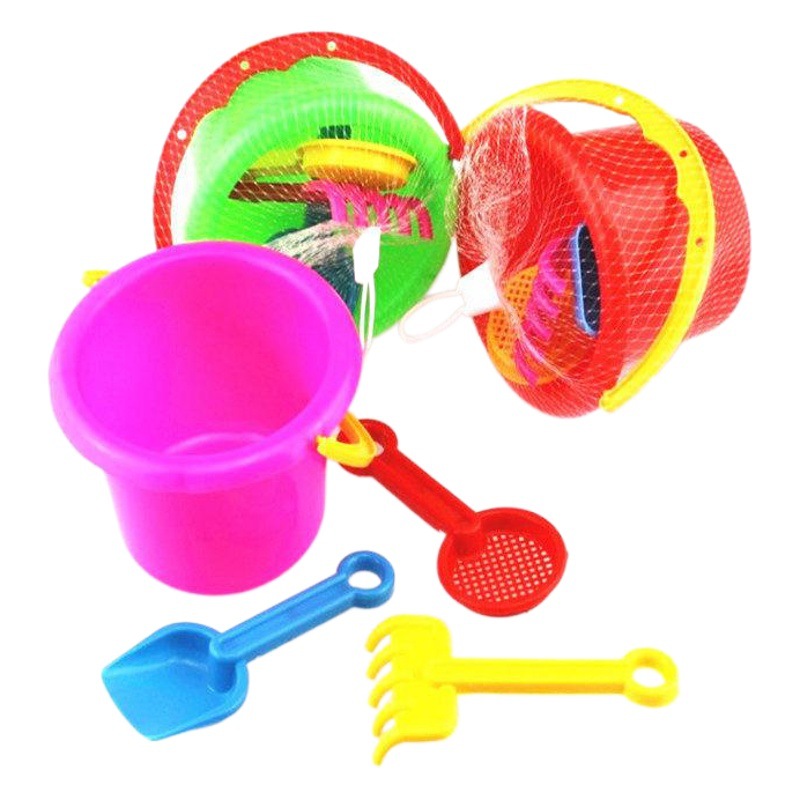 Summer best selling beach water toys 10cm small size bucket four pieces mesh bag suit exquisite version manufacturers wholesale