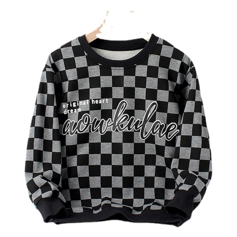 Children's Clothing Spring Korean Style New Boys' Long Sleeve Sweater Mid-Children's Plaid Printed Sweater Children's terry Base Shirt