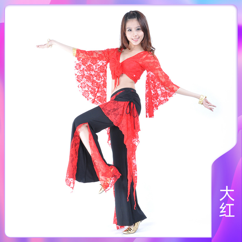 Picture of 08# Lace Pants Lace Top Belly Dance Clothing Trumpet Sleeve Matching Waist Skirt Split Pants Chaozhou Tripartite