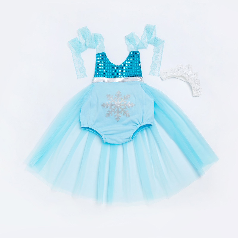 Picture of Baby Summer Mermaid Lace Suspender Dress 0-3 Years Old Cut Out Bellyband Skirt Hair Accessories Set Wholesale