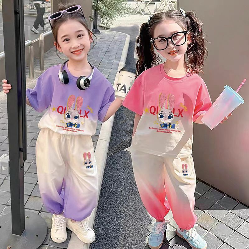 Picture of [Hot-Selling Children's Clothing] Girls Internet Celebrity Fashionable Thin Short-Sleeved Suit New Baby Girl Gradient Color Pants Two Pieces