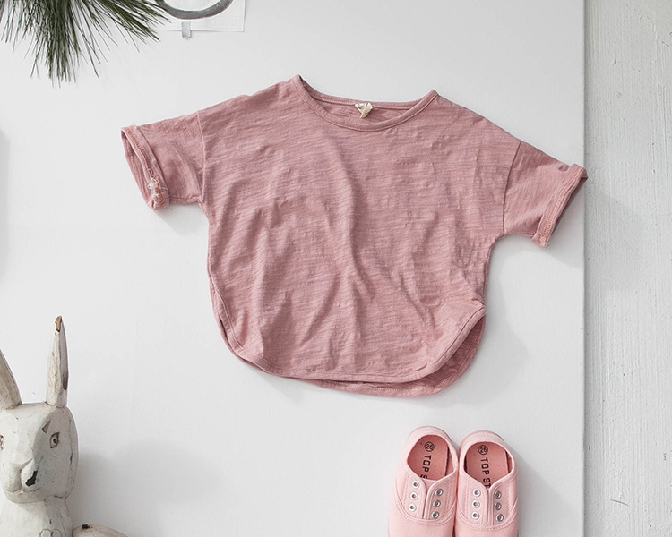 Picture of New Summer Girls' T-Shirt Short-Sleeved Kidsren's Tops Korean Style Loose Pure Color Round Neck Boys' Bottoming Shirt Bamboo Cotton