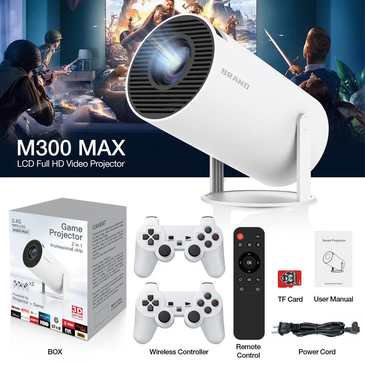 Cross-Border Export White M300Max Game Projector Home New High-Definition Portable Screen Barrel Projector