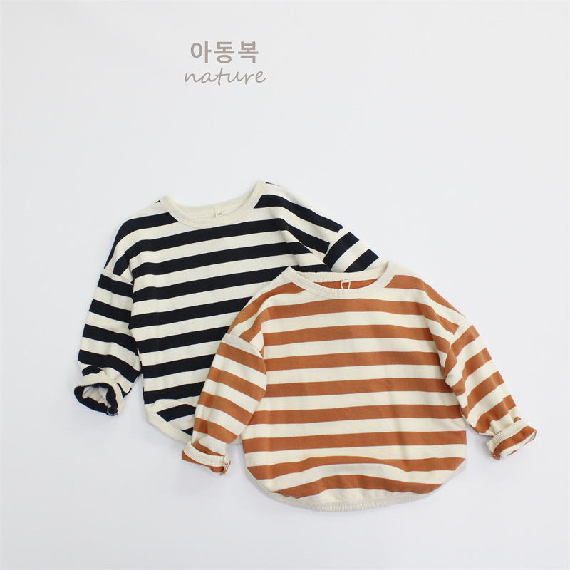 2025 New Children's T-shirt Spring Boys' Pullover Long Sleeve Korean Round Neck Striped Loose Girls' Top Category A