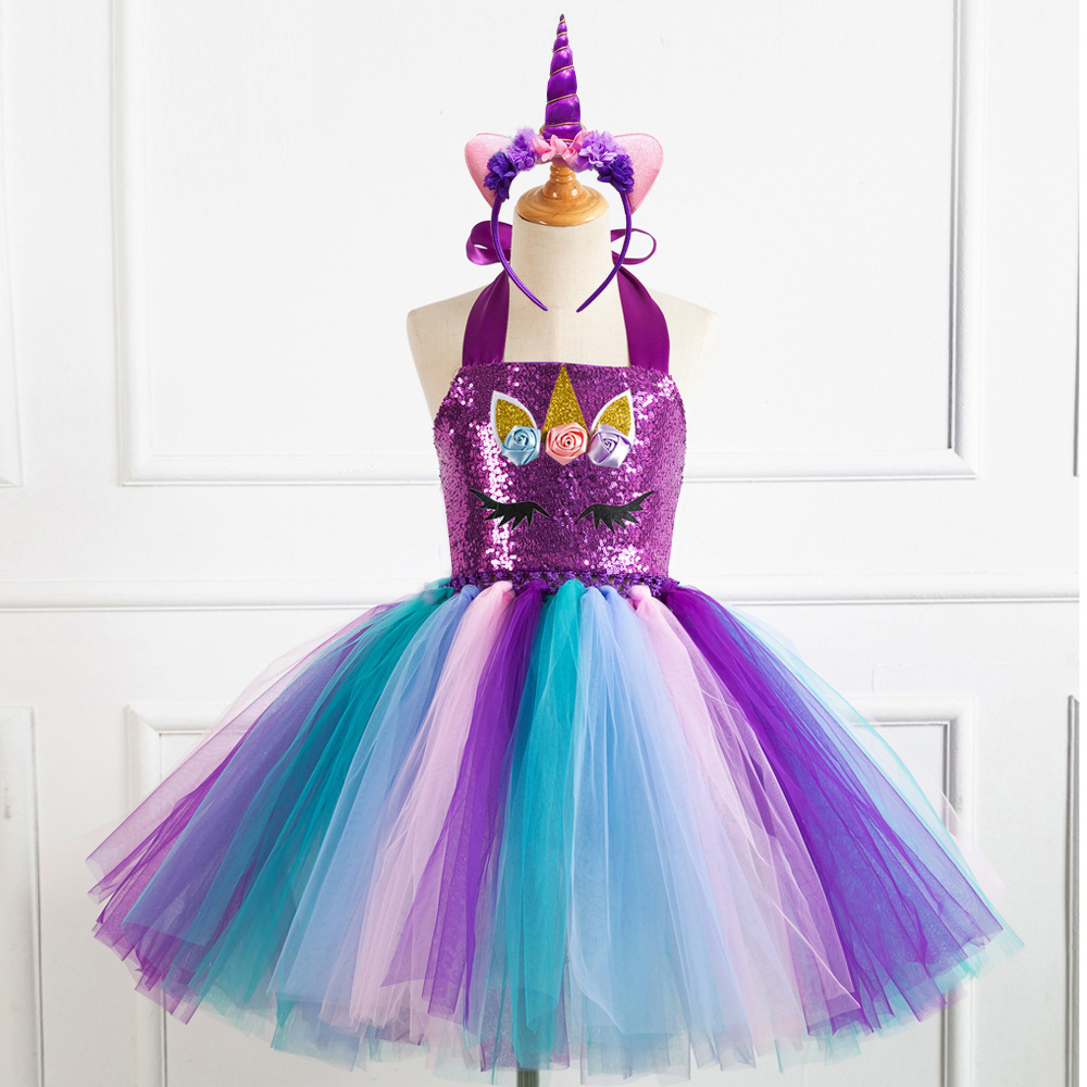 Picture of European and American Children's Clothing Sequin Mesh Handmade Girl's Dress Children's Performance Dress Princess Dress One-Corner Headwear
