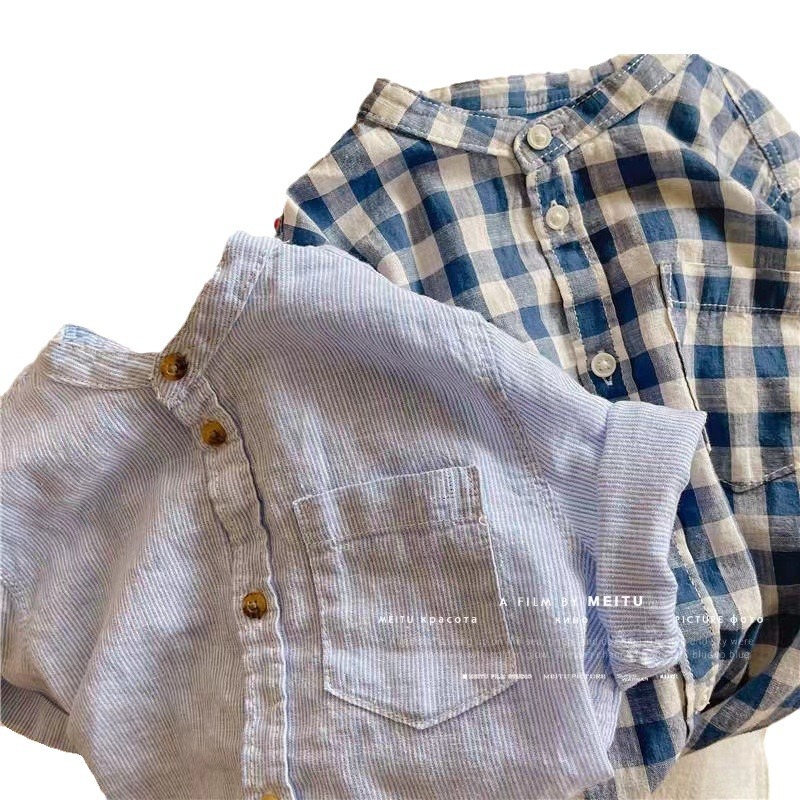 Picture of Children's Shirt 2024 Summer New Boys and Girls Plaid Casual Striped Washed Cotton Shirt Stand Collar Short-sleeved Shirt Trendy