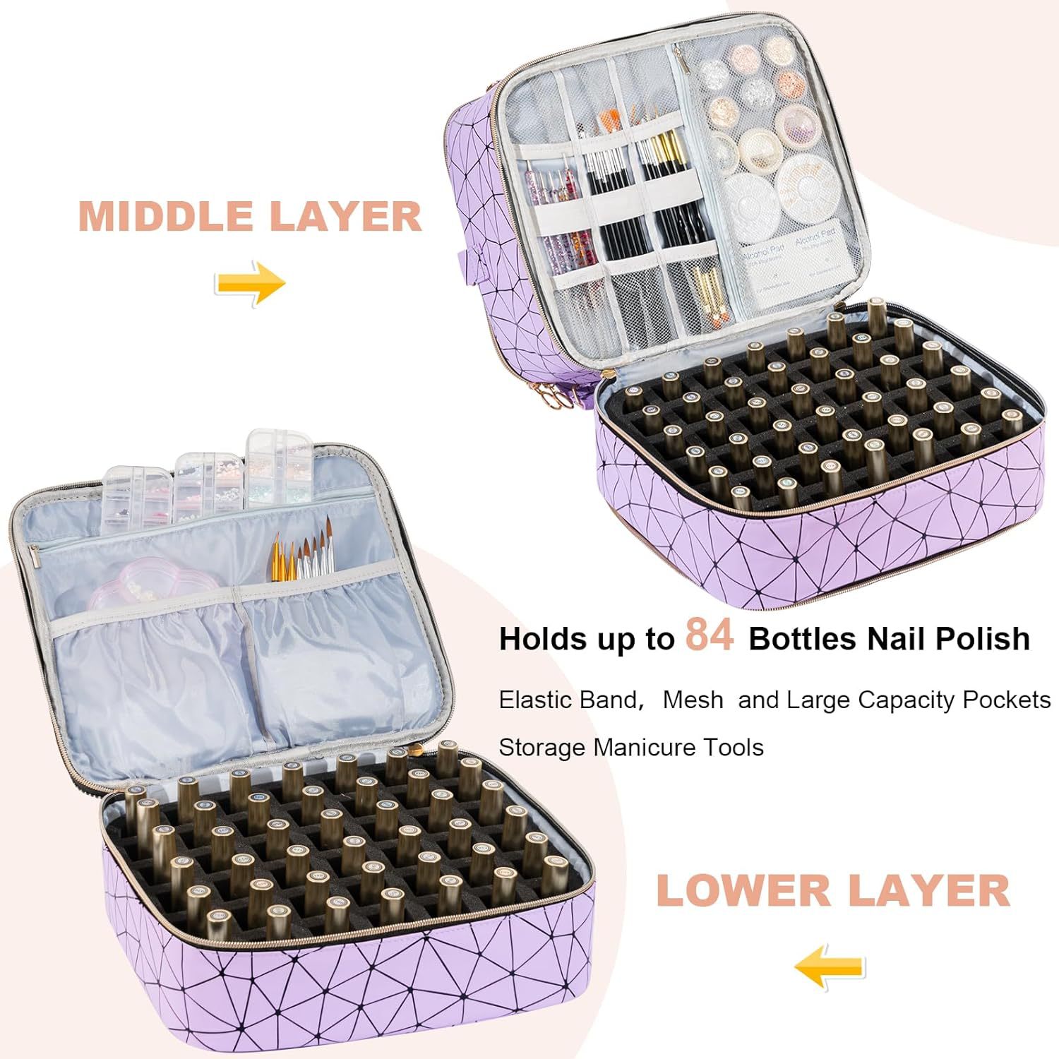 Picture of Portable Golden Zipper Detachable Three-Layer Nail Polish Storage Bag 84 Bottles High-Level Nail Tools Cosmetic Bag