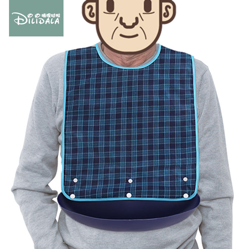 Picture of Adult Pure Cotton Plaid Bib Dining Bib Adult Double-Sided Food Bucket Elderly Adult Slippery Bucket Waterproof