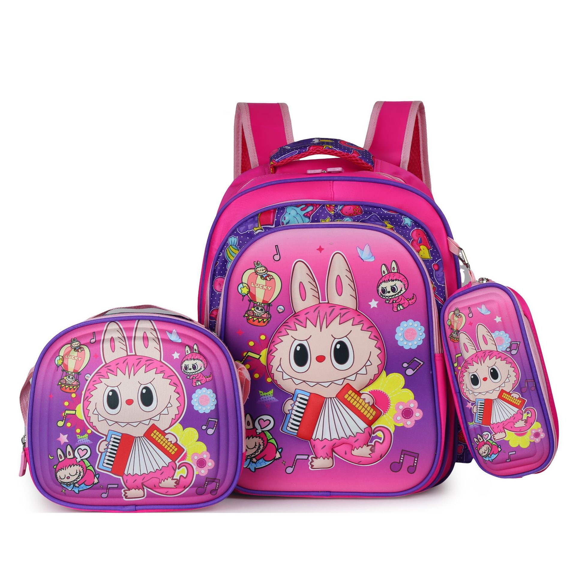 Picture of Cross-border three-piece children's schoolbag 16-inch sleeved pull rod large capacity 3D hard shell labubu kindergarten schoolbag