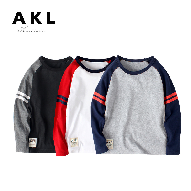 2024 Autumn Korean Style New Boys' Long Sleeve Base Shirt Children's Color-Block Printed Long Sleeve T-Shirt for Older Kids Wholesale