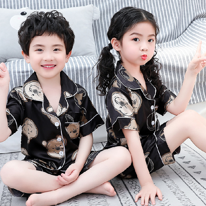 Picture of European and American Foreign Trade Children's Silk Cute Cartoon Pajamas Summer Short-sleeved Loose High-elastic Satin Home Clothes for Boys and Girls