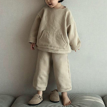 23 Winter Wear Korean Style Children's Wear New Arrival suit Korean Style Simple Cute Big Pocket fleece-lined Casual Two-Piece Set for Boys and Girls
