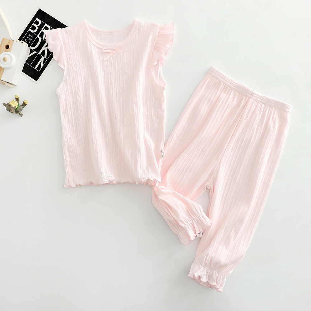 Picture of Children's short sleeve cropped pants set pure color female baby air conditioning home clothing 100 cotton thin bottoming shirt wholesale