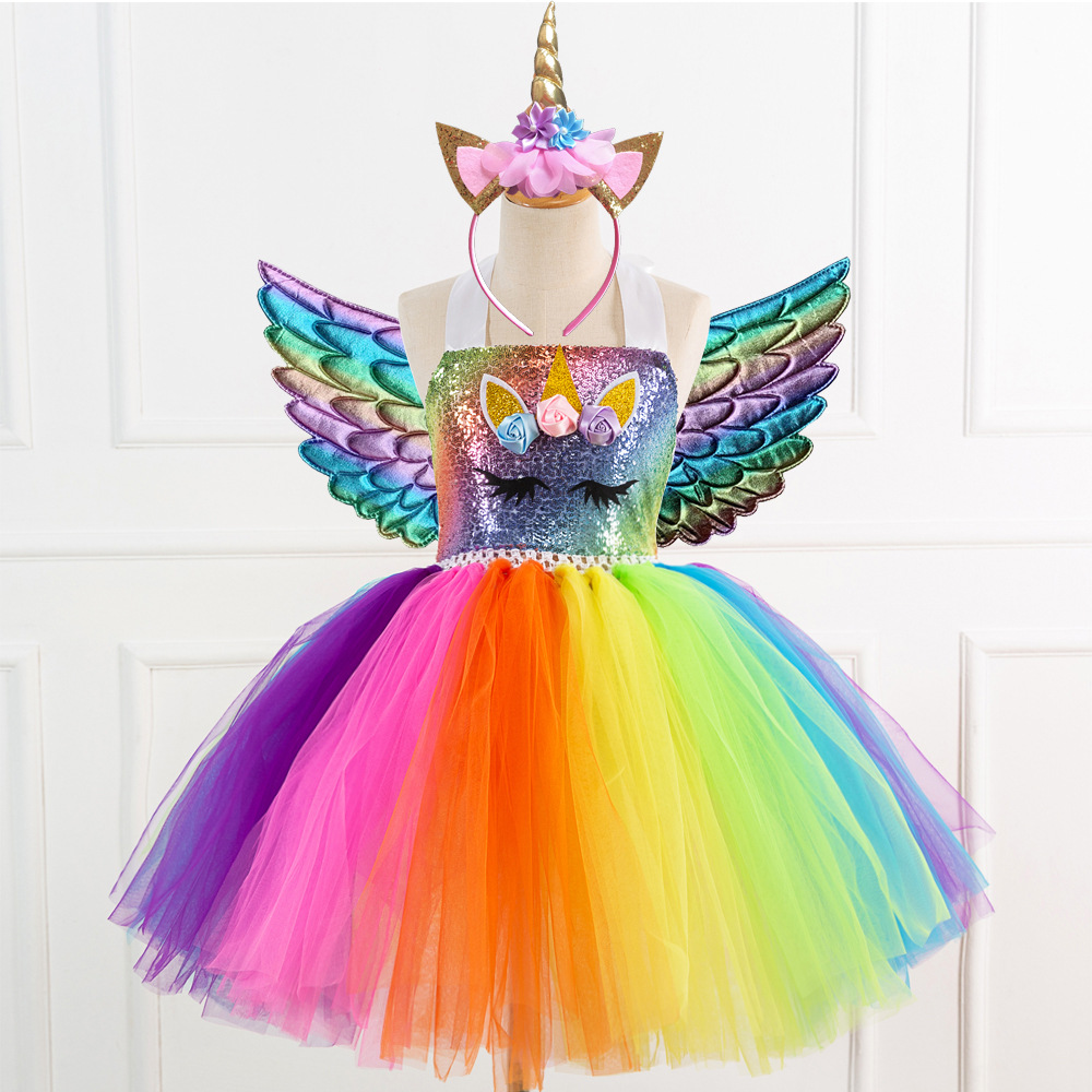 Picture of European and American Children's Clothing Sequin Mesh Handmade Girl's Dress Children's Performance Dress Princess Dress One-Corner Headwear
