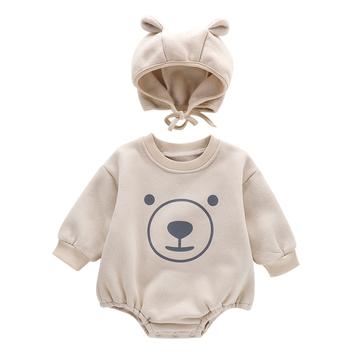 ins Children's Clothing Spring and Autumn One-piece Hattie Cute Printed Bear Long-sleeved Sweatshirt Bag Fart Clothes Baby Climbing Clothes Hat