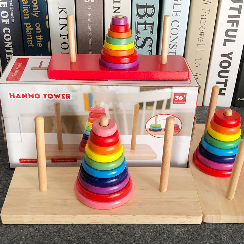 Picture of Wooden Tower of Hanoi 8 eight layers educational thinking training Development Intelligence toys Primary School students Tower of Hanoi problem teaching aids