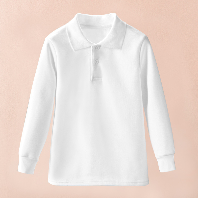 Picture of Children's White Polo Shirt Long Sleeve Lapel White T-shirt Winter Fleece-lined Thickened Warm T-shirt for Big Kids Students