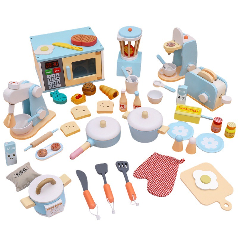 Picture of Children's Educational Toys Wooden Simulation Play House Kitchen Toy Set Coffee Machine Bread Machine Microwave Oven Toy