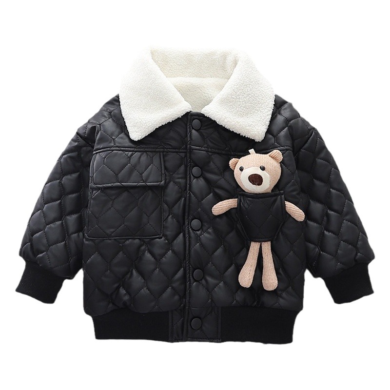 Children's Leather Cotton-padded Coat Winter 2023 New Boys Korean Style Lapel fleece-lined Thickened Cartoon Cotton-padded Coat Trendy